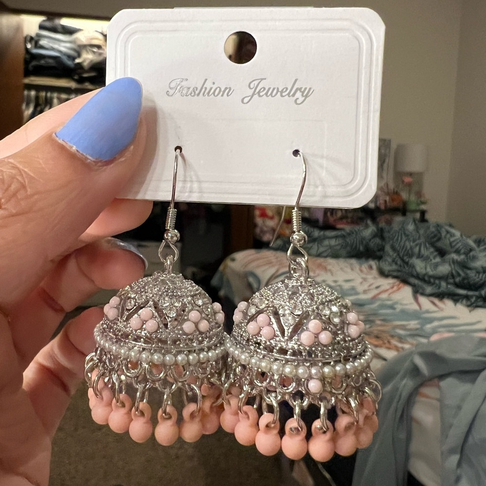 Silver and Pink Fashion Jewelry Earrings Desi jhumka